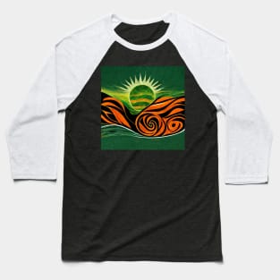 Bold, dramatic image of a green sun rising up from between orange and black mountains. Baseball T-Shirt